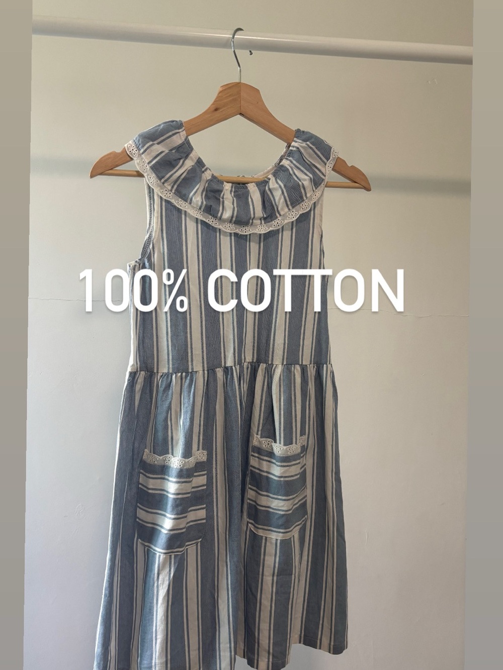 Rachel Zoe Girls Blue and White Striped Dress with Ruffle Collar | 100% cotton